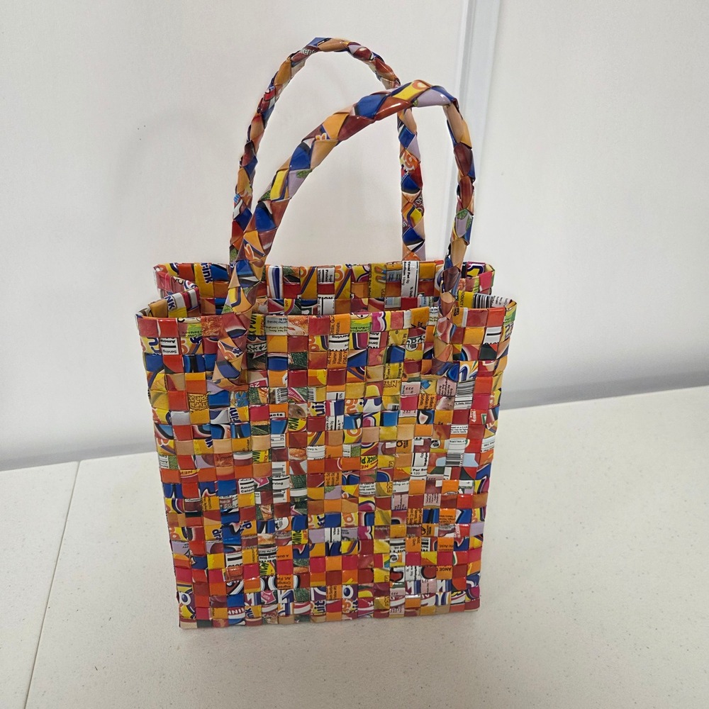 Handmade Recycled Candy Snack Wrapper Woven Tote Bag Multicolor Pop Art Kitsch